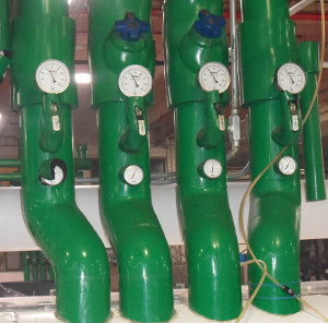 Glycol piping insulated with 2" foam glass and covered with color-coded PVC jacket. Franklin insulation gallery